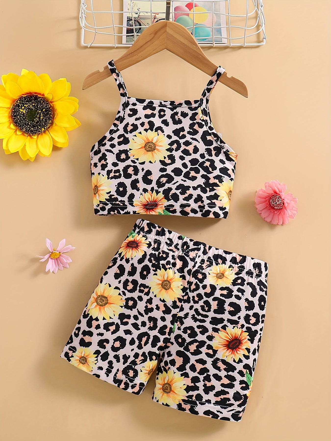 Girls Sunflower & Leopard Graphic Camisole Shorts Set for Party Beach