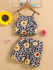 Girls Sunflower & Leopard Graphic Camisole Shorts Set for Party Beach