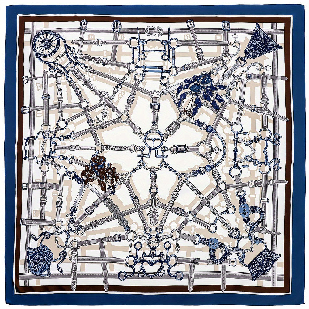 Metal Chain Printed Square Scarf Silk Feeling Satin Warm Shawl