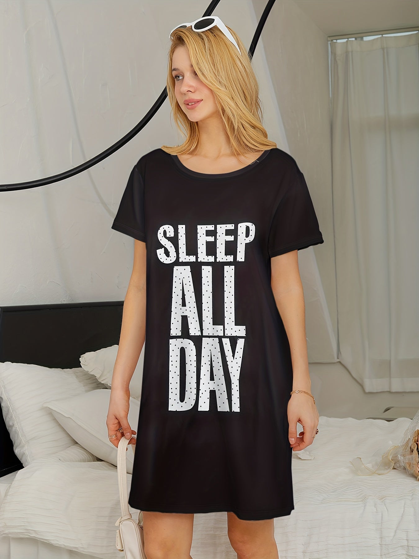 Letter Print Crew Neck Pajama Dress Women's Sleepwear
