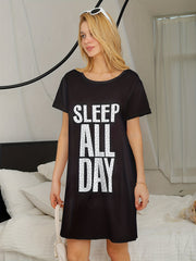 Letter Print Crew Neck Pajama Dress Women's Sleepwear