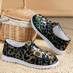 Women's Sunflower & Cow Print Canvas Slip On Shoes