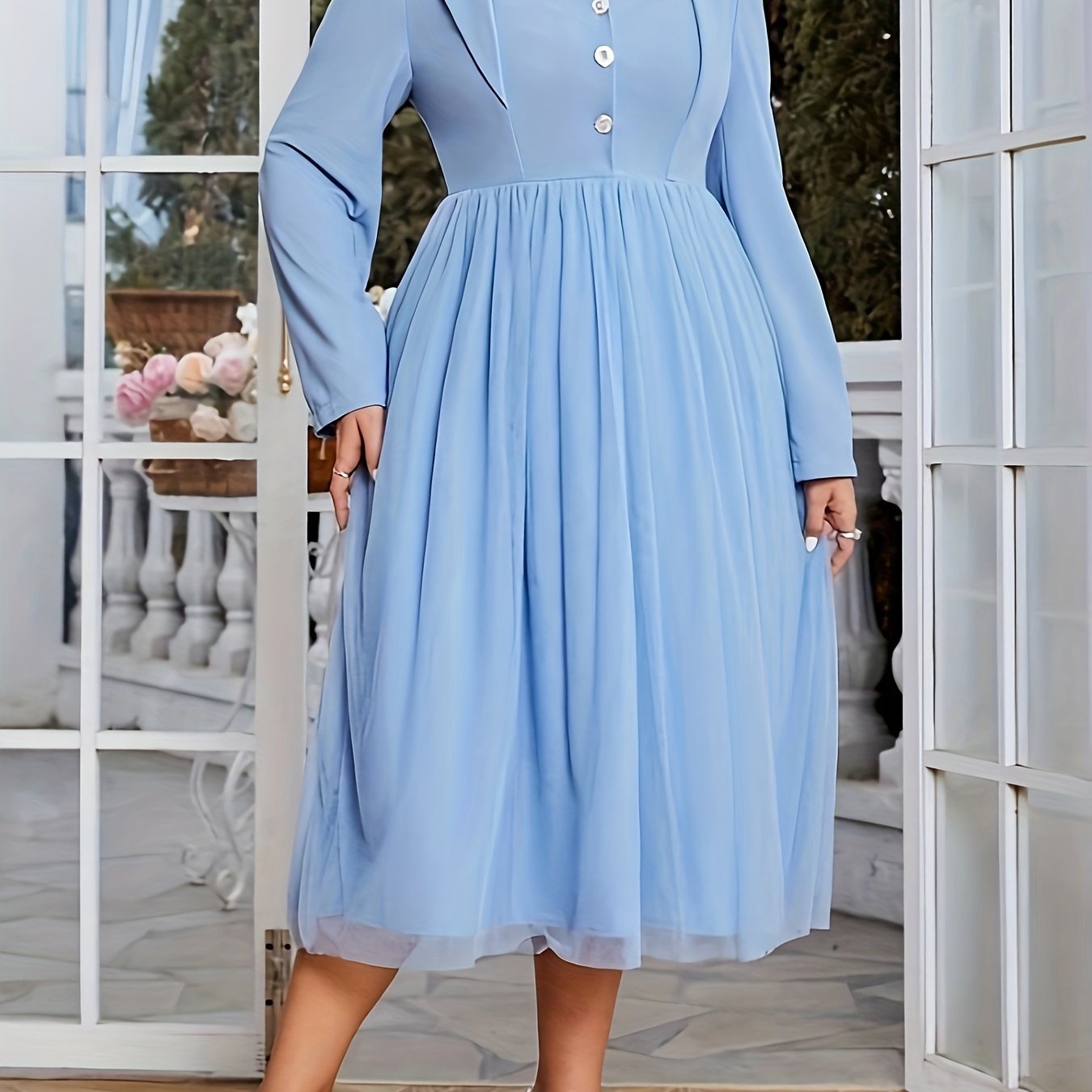 Wedding Dress Contrast Mesh Long Sleeve Midi Bridesmaid Dress
