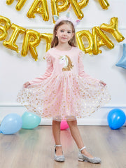 Princess Unicorn Sequin Long Sleeve Fall Dress Kids Birthday Party Wedding Tulle