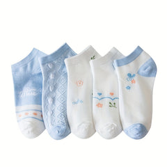 5 Pairs Floral Print Socks Soft Low Cut Ankle Women's Stockings