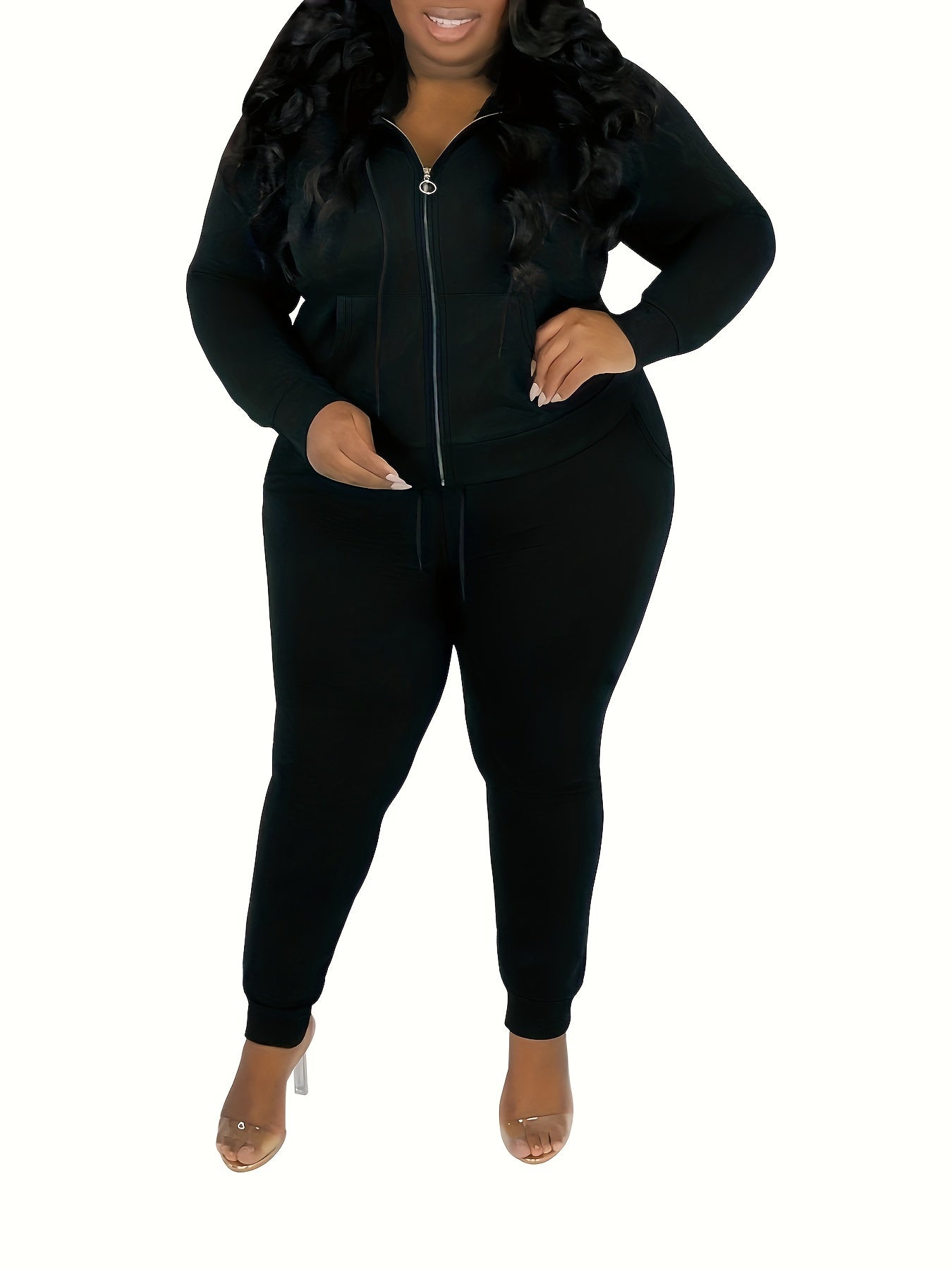 Plus Solid Zip Up Hoodie & Pants 2 Piece Set