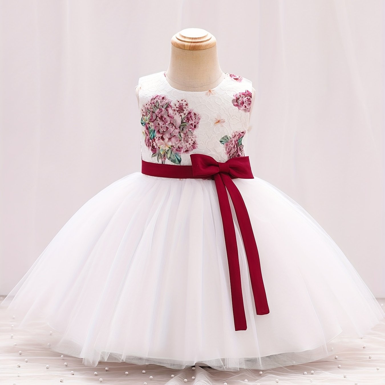 Baby Girls Floral Embroidery Bowknot Sleeveless Mesh Princess Dress