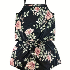Floral Print Pajama Set Satin Cami Top & Shorts