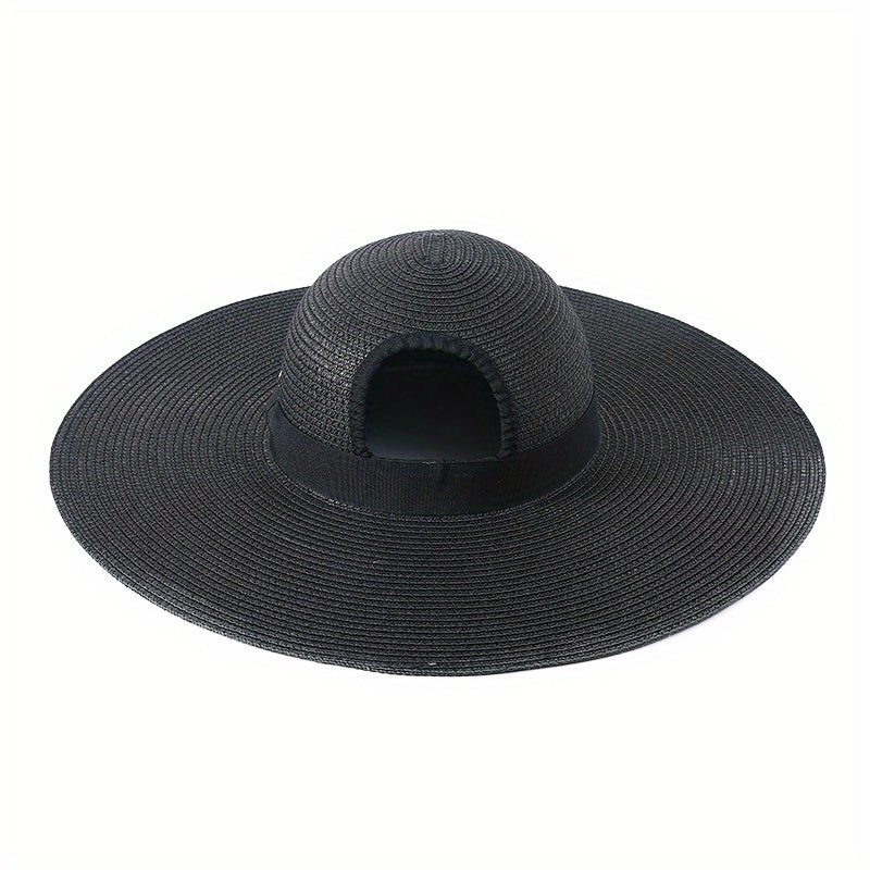 Black Hole Big Brim Sun Hat Solid Ponytail Straw Hat