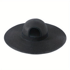Black Hole Big Brim Sun Hat Solid Ponytail Straw Hat