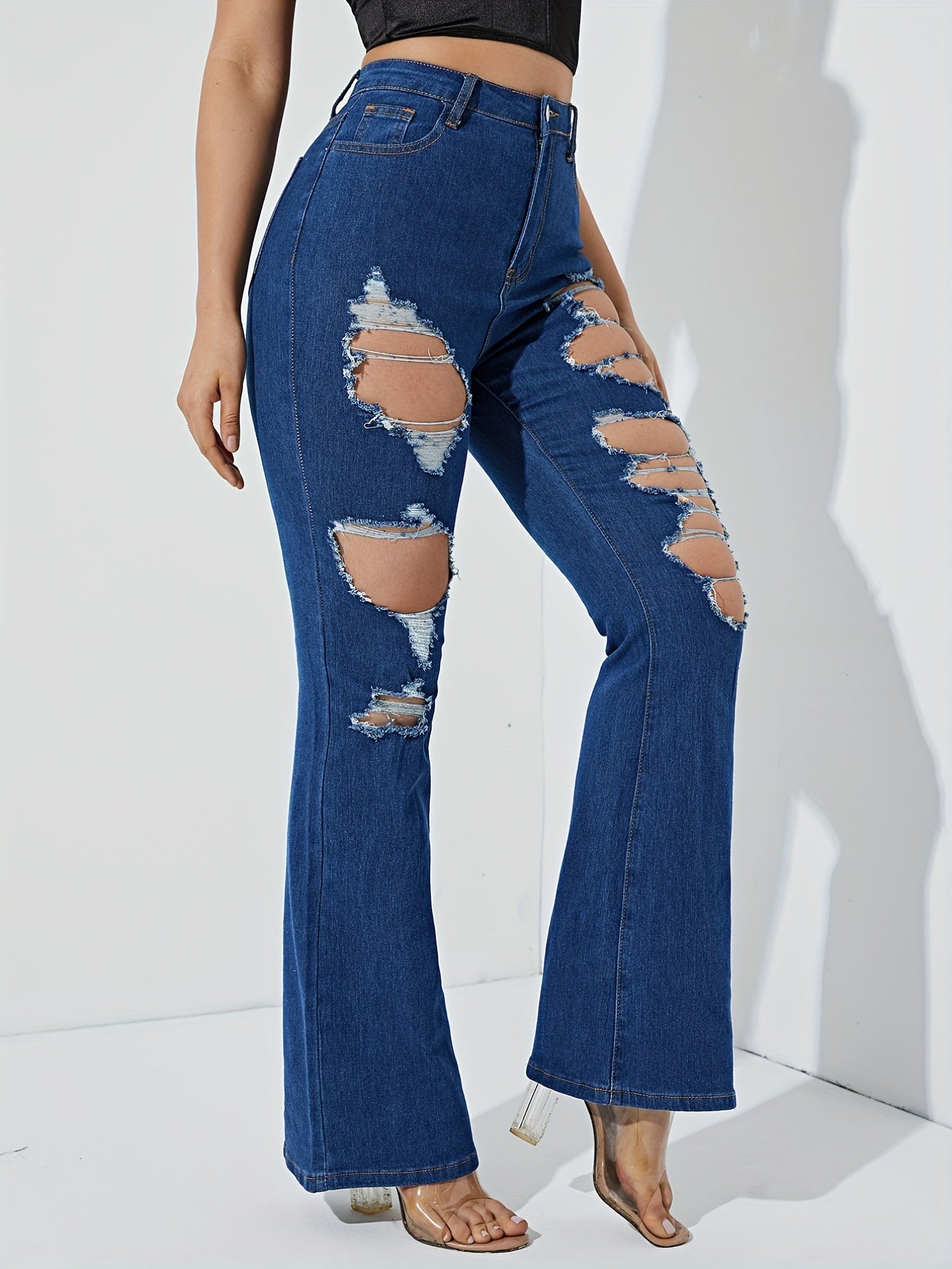 Destroyed Legs Stretchy Bootcut Jeans High Waist Distressed Ripped Flare