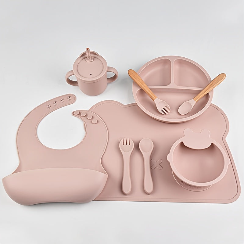 9pcs Kids Tableware Set Silicone Divided Plate Fork Spoon Cartoon Table Mat