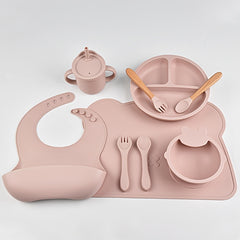 9pcs Kids Tableware Set Silicone Divided Plate Fork Spoon Cartoon Table Mat