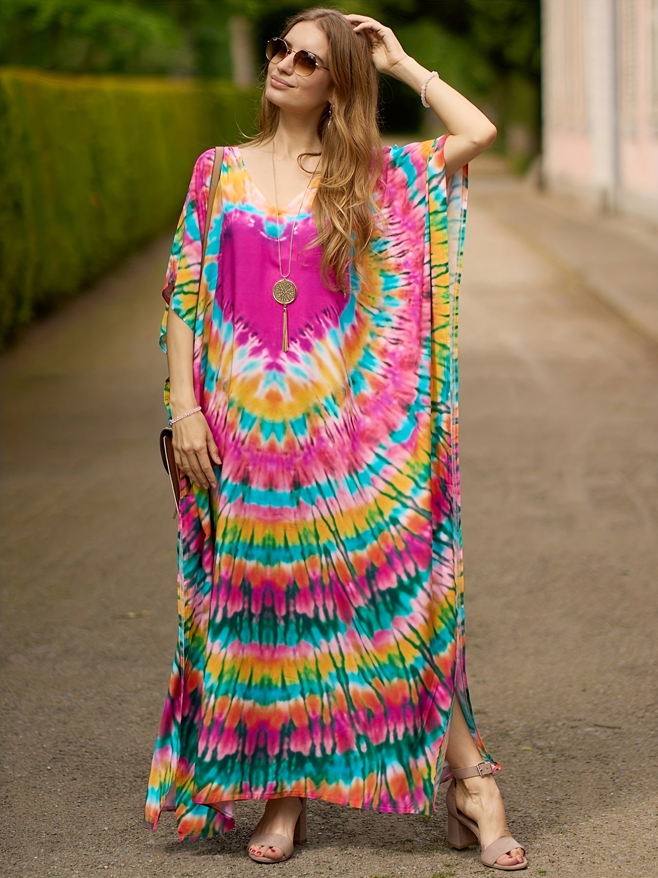 Boho Tie Dye Bat Sleeve V Neck Cover Up Dress