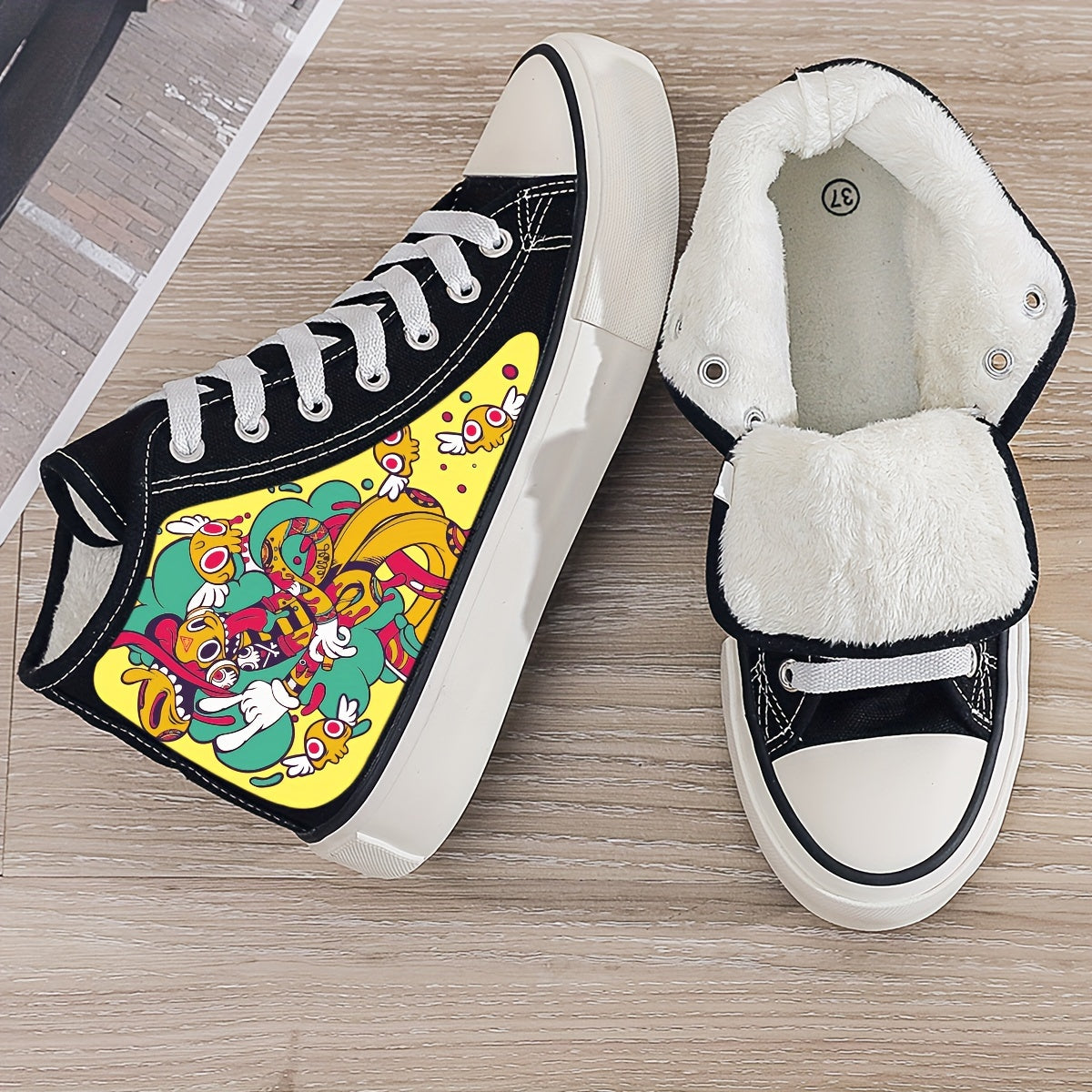 Girl's High Top Cartoon Skate Shoes with Plush Lining