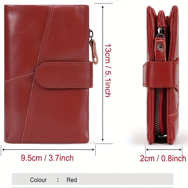 Women's Red Leather Bifold Wallet RFID Zipper Snap Closure