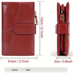Women's Red Leather Bifold Wallet RFID Zipper Snap Closure