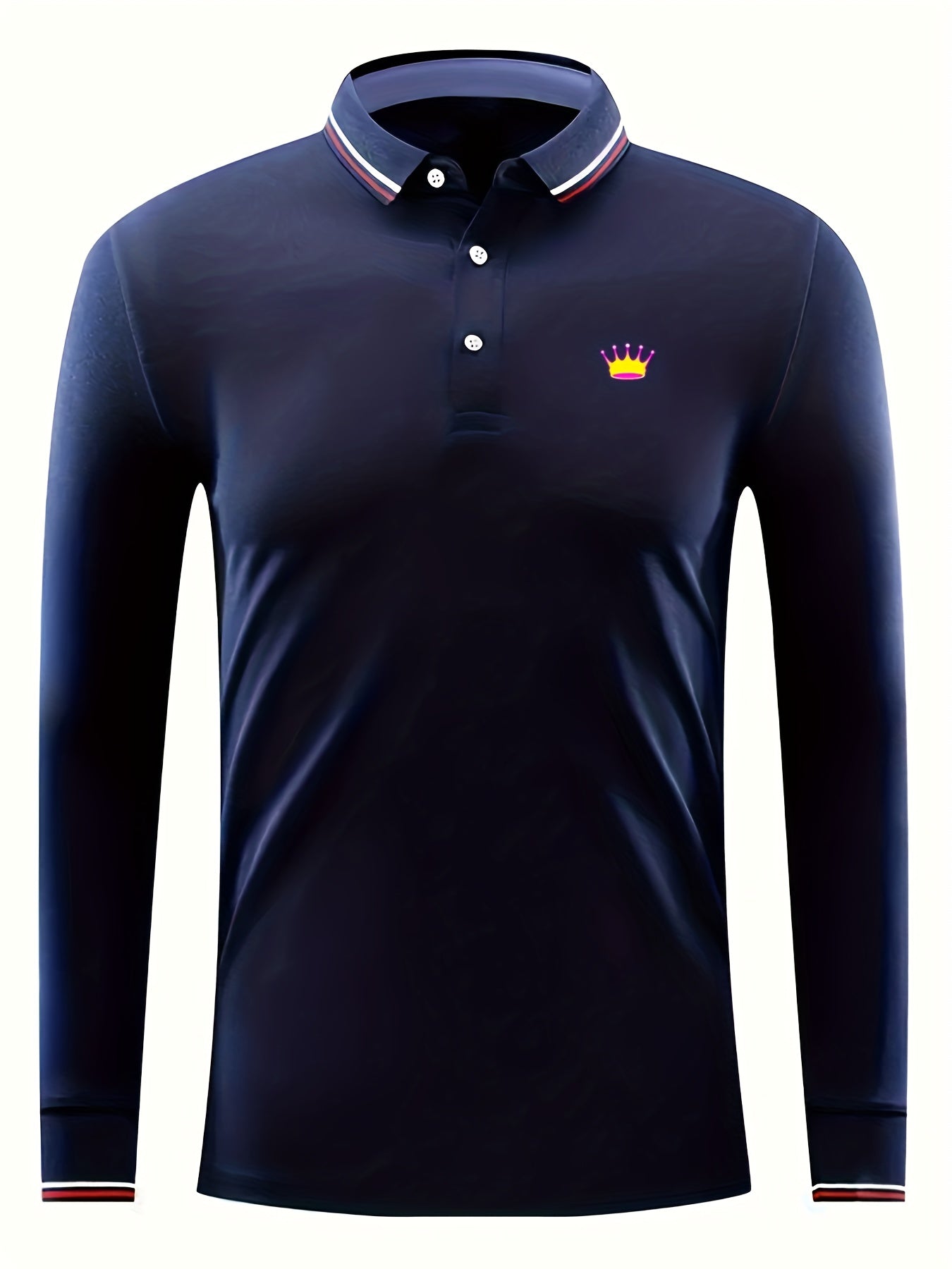 Crown Print Men's Casual Long Sleeve Polo Shirt