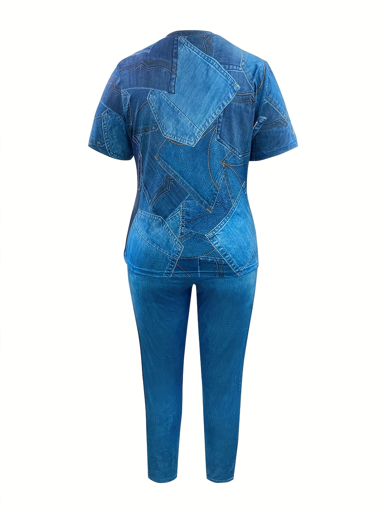 Casual Outfit: Denim Print Top & Leggings Set