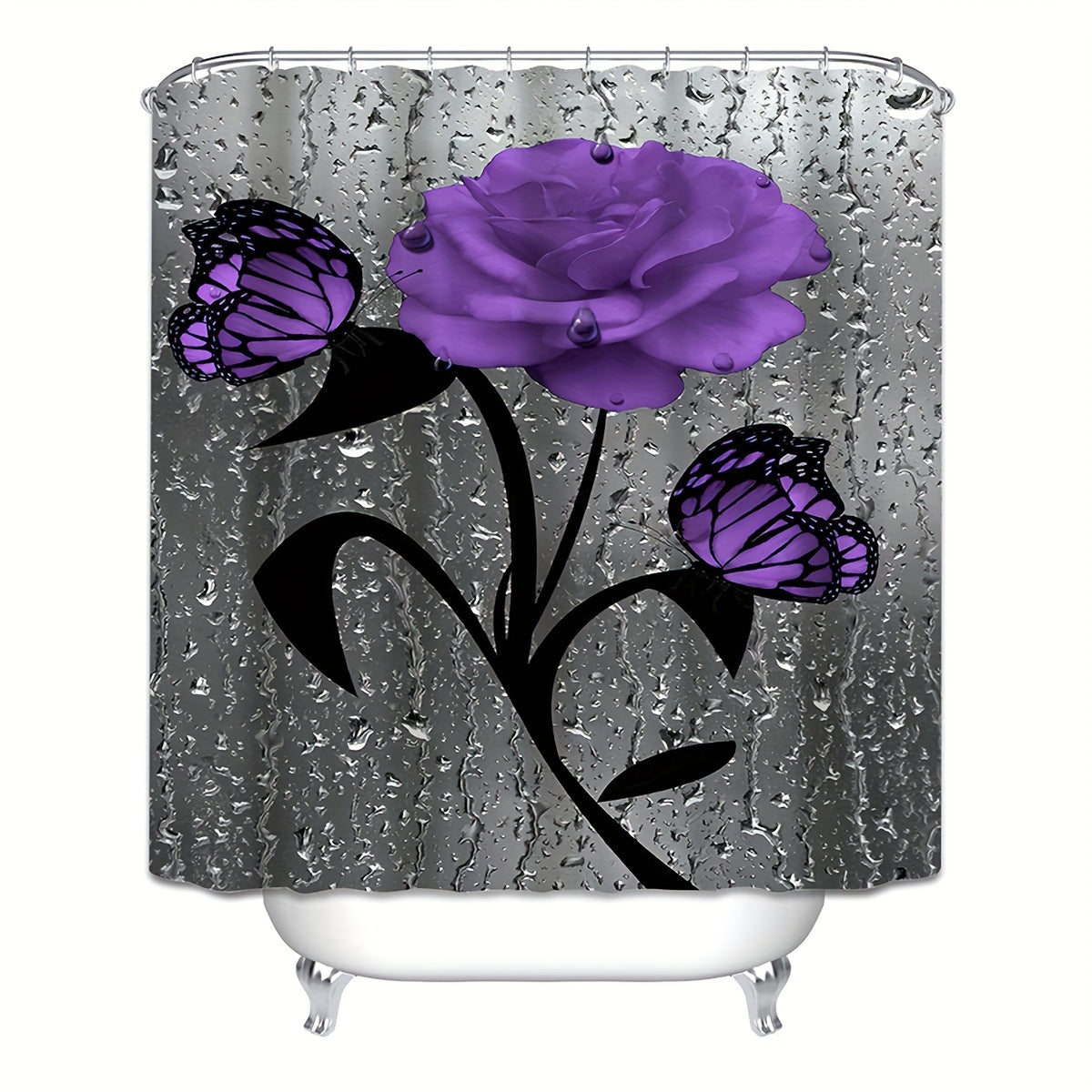 Waterproof Purple Rose and Butterfly Shower Curtain