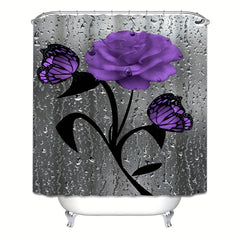 Waterproof Purple Rose and Butterfly Shower Curtain