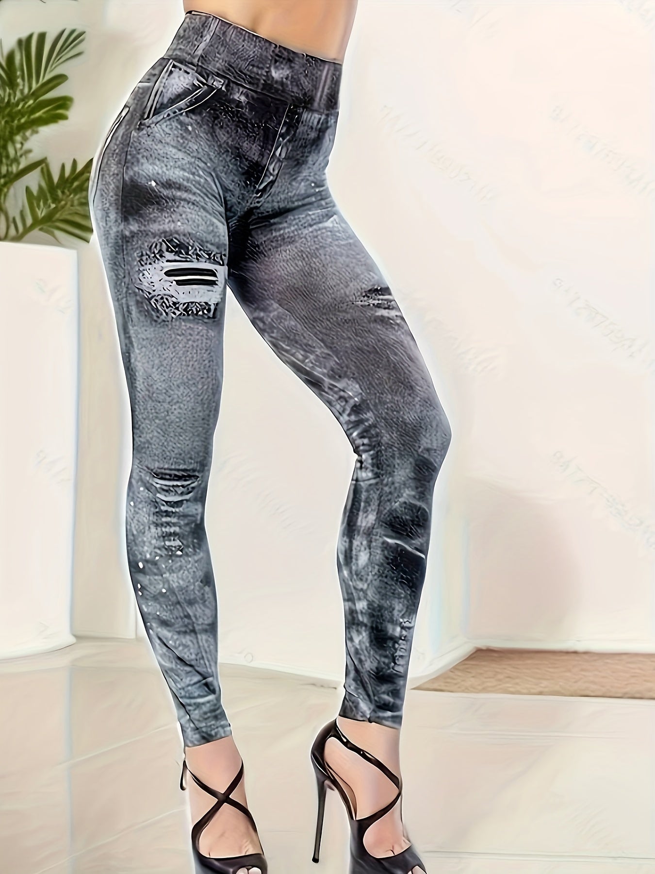 Casual Denim Print Leggings High Rise Stretch Leggings