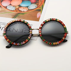 Zircon Decor Sunglasses Round Frame Gradient Lens UV400