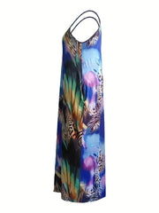 V Neck Cami Maxi Dress Graphic Print Women's Plus Slight Stretch