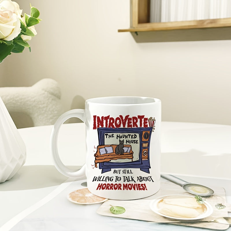 11oz Cartoon TV Cat Pattern Ceramic Cup Letter Printed Coffee Cup