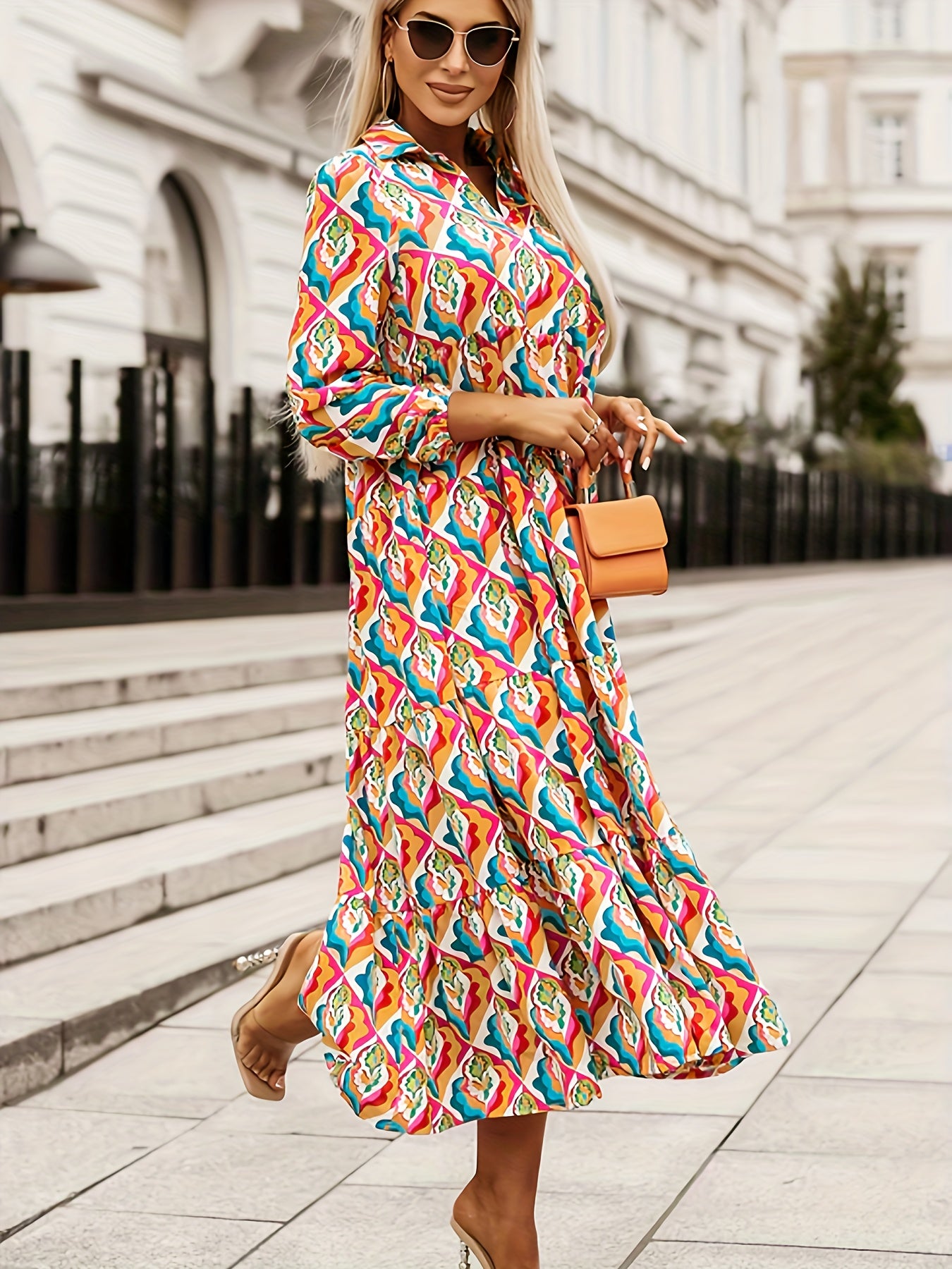Floral Print Long Sleeve Midi Shirt Dress