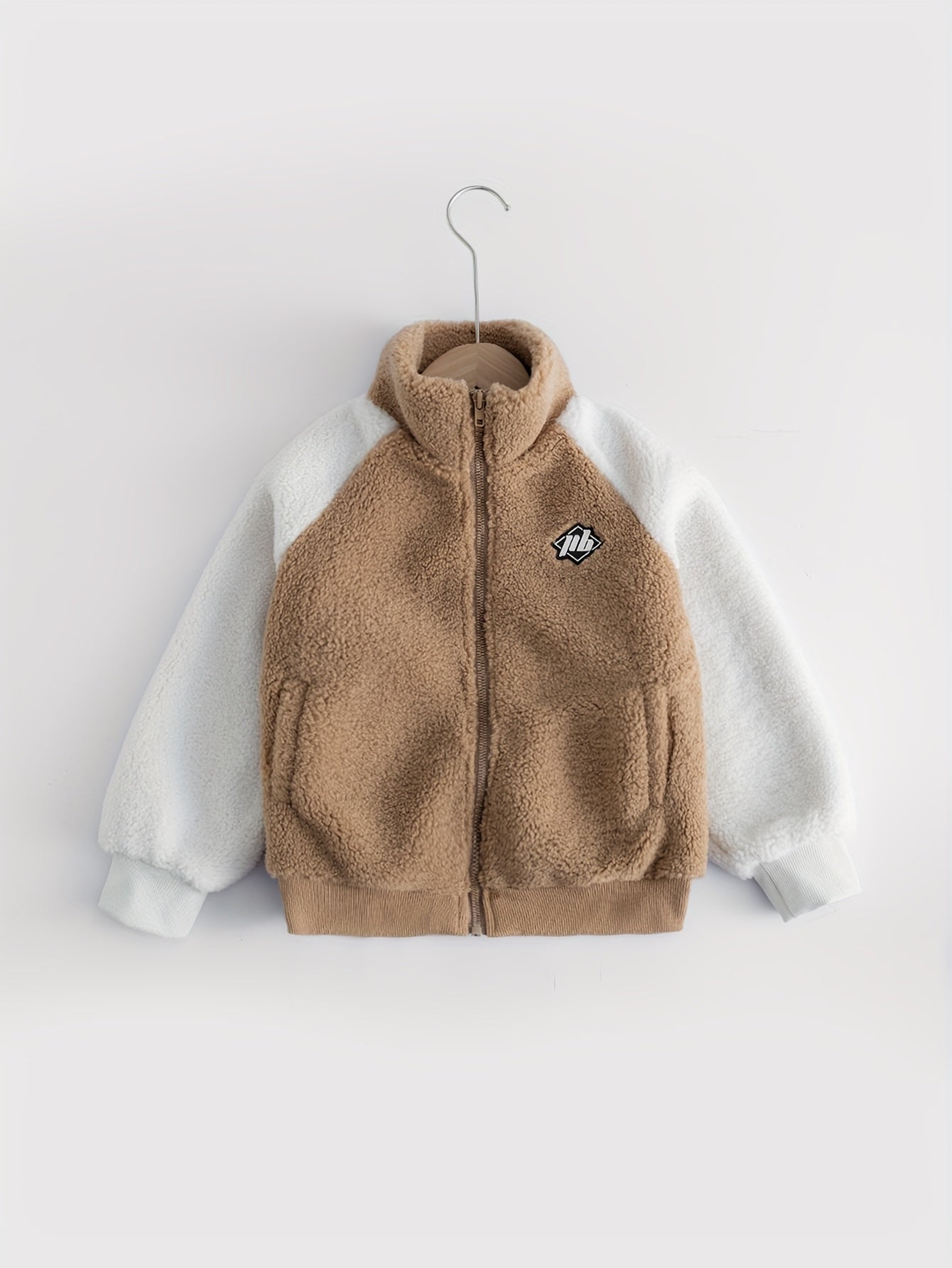 Boys Fuzzy Fleece Jacket Letter Patchwork Stand Collar Kids Warm Zipper Coat