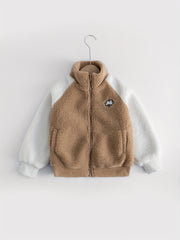 Boys Fuzzy Fleece Jacket Letter Patchwork Stand Collar Kids Warm Zipper Coat