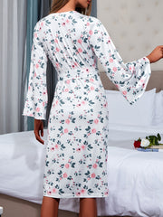 Floral Print Night Robe Long Sleeve V Neck Robe Women's Sleepwear