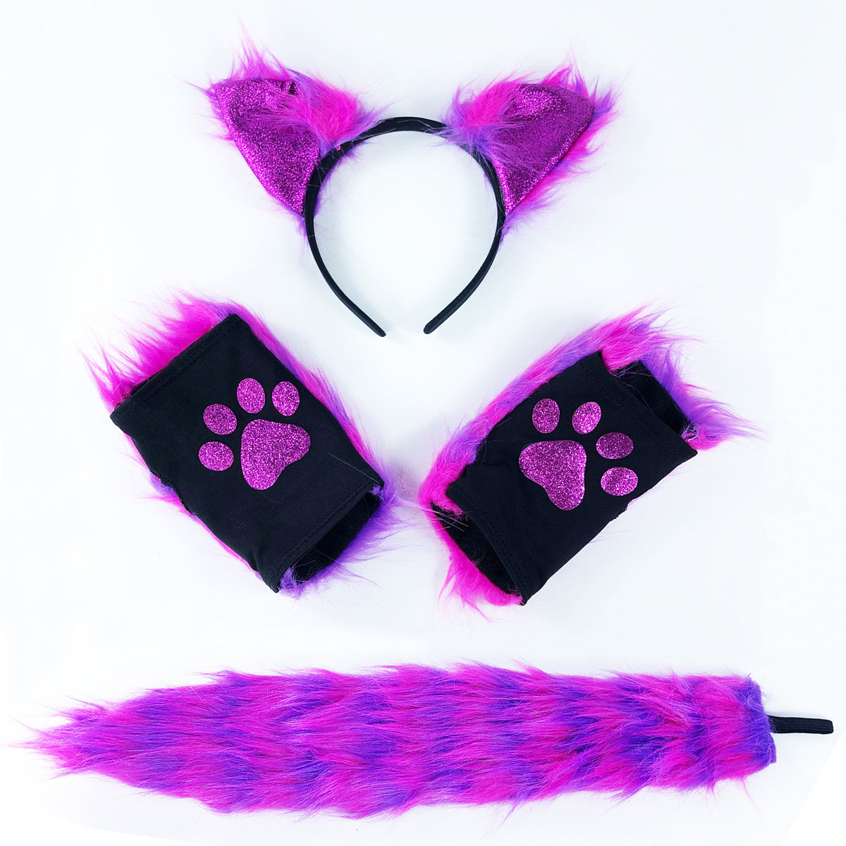 Cat Wolf Fox Tail Faux Fur Headband Paw Gloves Set Adults Children Fancy Party