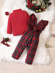 Baby Girls Knitted Top & Bow Ruffle Plaid Suspender Trousers Set