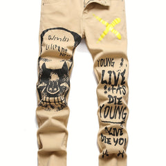 Letter Print Graphic Pattern Slim Fit Jeans Men's Casual Denim Pants