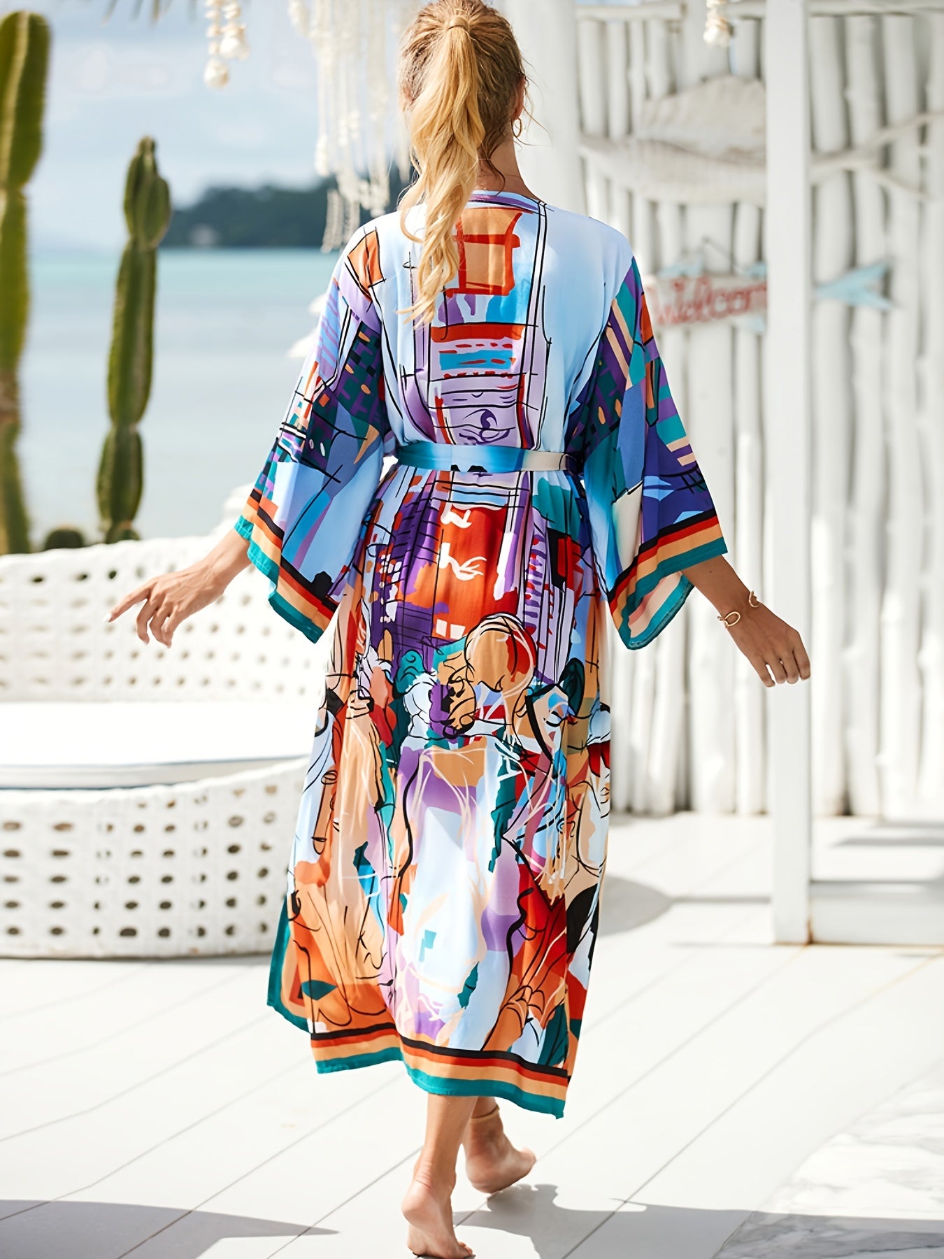 Boho Cover Up Robe Women's Plus Allover Print Half Sleeve Long Robe