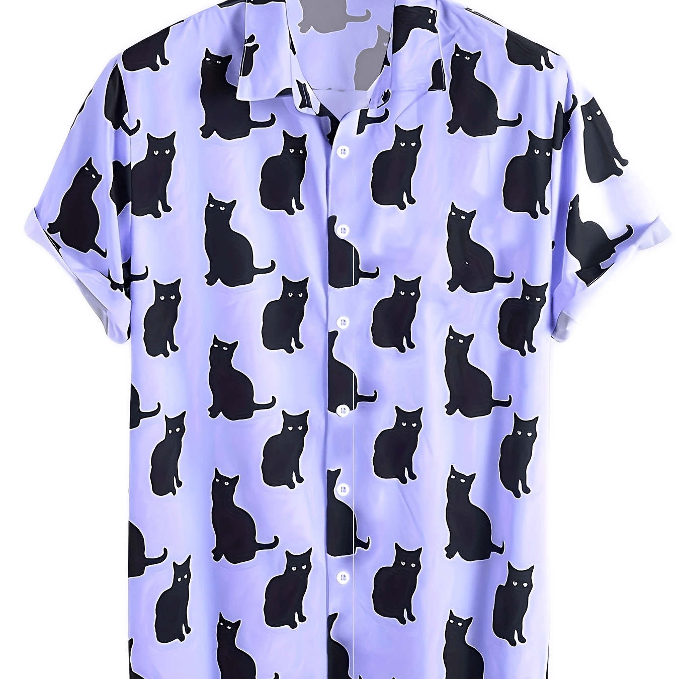 Men's Casual Cat Pattern Button Up Lapel Short Sleeve Shirt