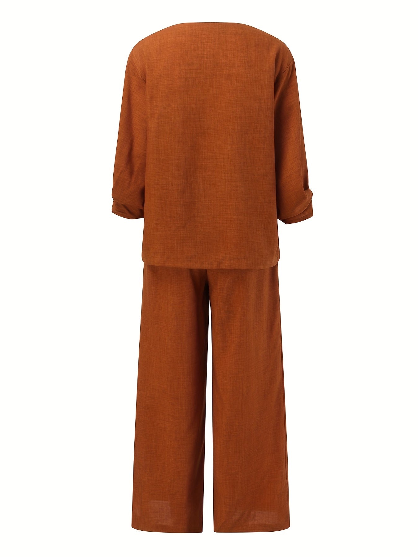 Solid V Neck Sleeve Top & Wide Leg Pants Set Women's Clothing