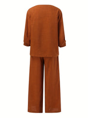 Solid V Neck Sleeve Top & Wide Leg Pants Set Women's Clothing