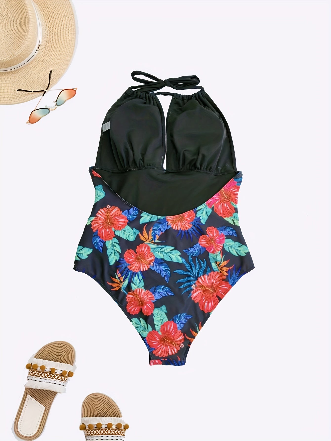 Tropical Print Keyhole Halter One Piece Swimsuit