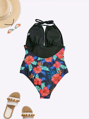 Tropical Print Keyhole Halter One Piece Swimsuit