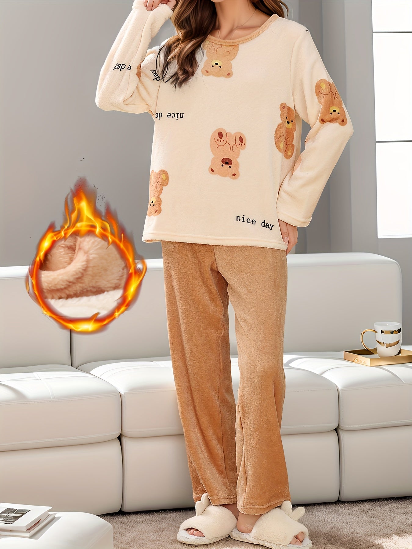 Heart Print Fuzzy Pajama Set Long Sleeve Crew Neck Top & Elastic Waistband Pants