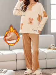 Heart Print Fuzzy Pajama Set Long Sleeve Crew Neck Top & Elastic Waistband Pants