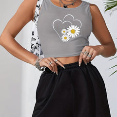 Daisy Print Crop Tank Top Sleeveless Summer Women's Clothing