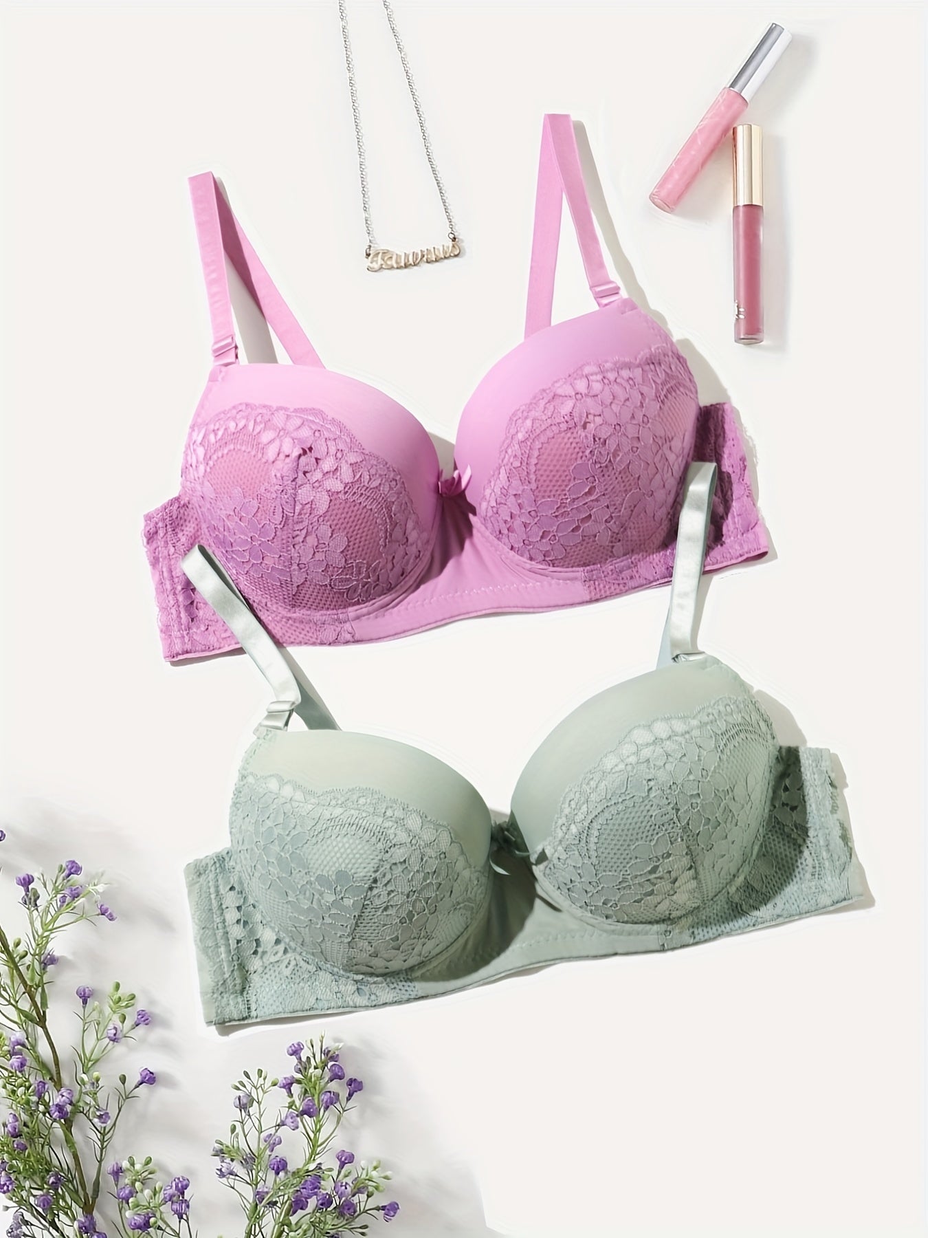 2pcs Lace Push Up Bras Comfy & Breathable Intimates Women's Lingerie