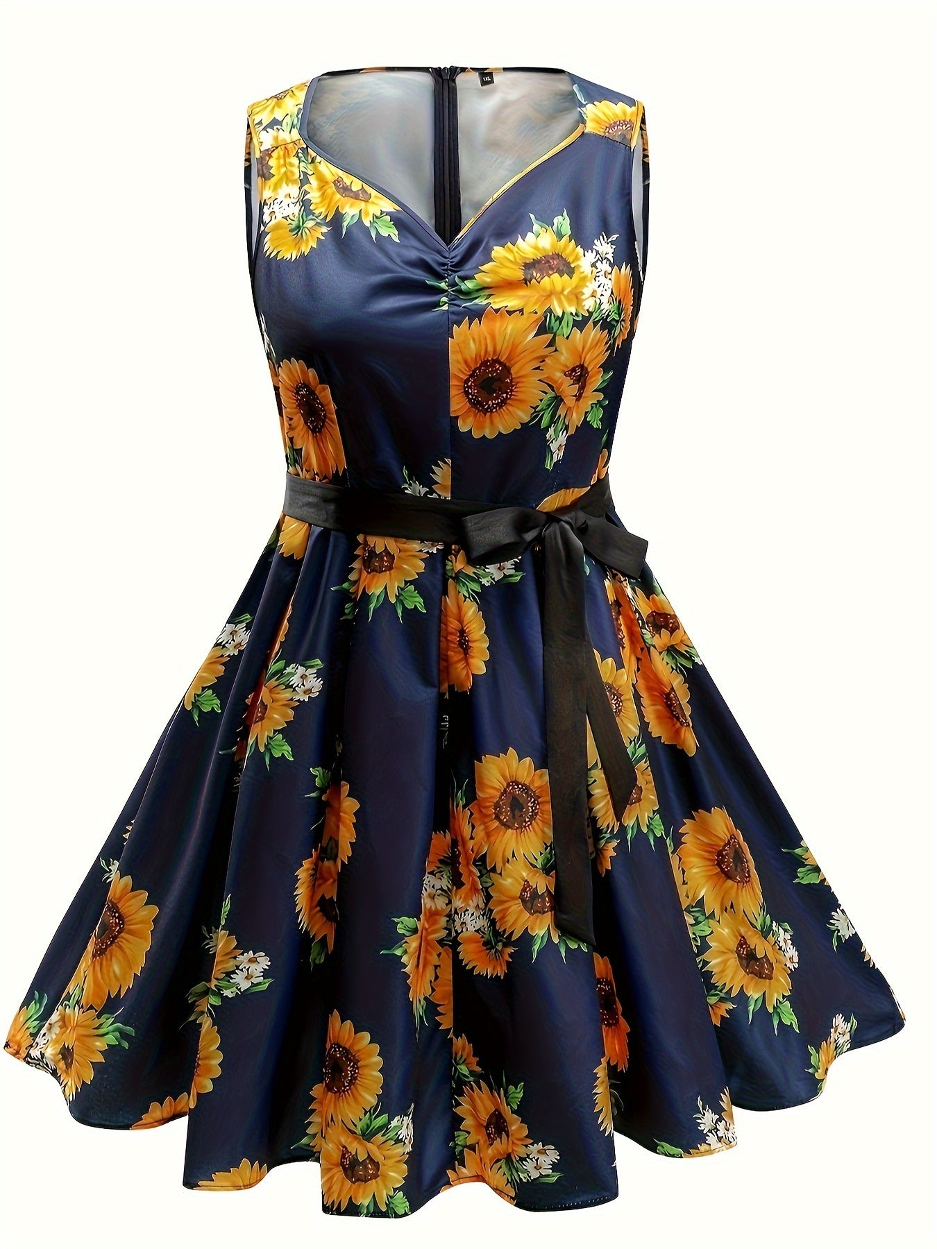 Women's Plus Sunflower Print Sweetheart Neck Cocktail Party Dress With Belt