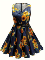 Women's Plus Sunflower Print Sweetheart Neck Cocktail Party Dress With Belt