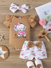 3pcs Baby Girls Elephant Short Sleeve Onesie & Shorts & Headband