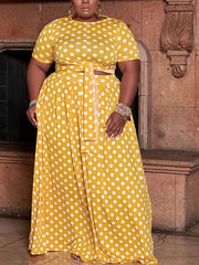 Polka Dot Short Sleeve Crop Top & Maxi Skirt 2pcs Set